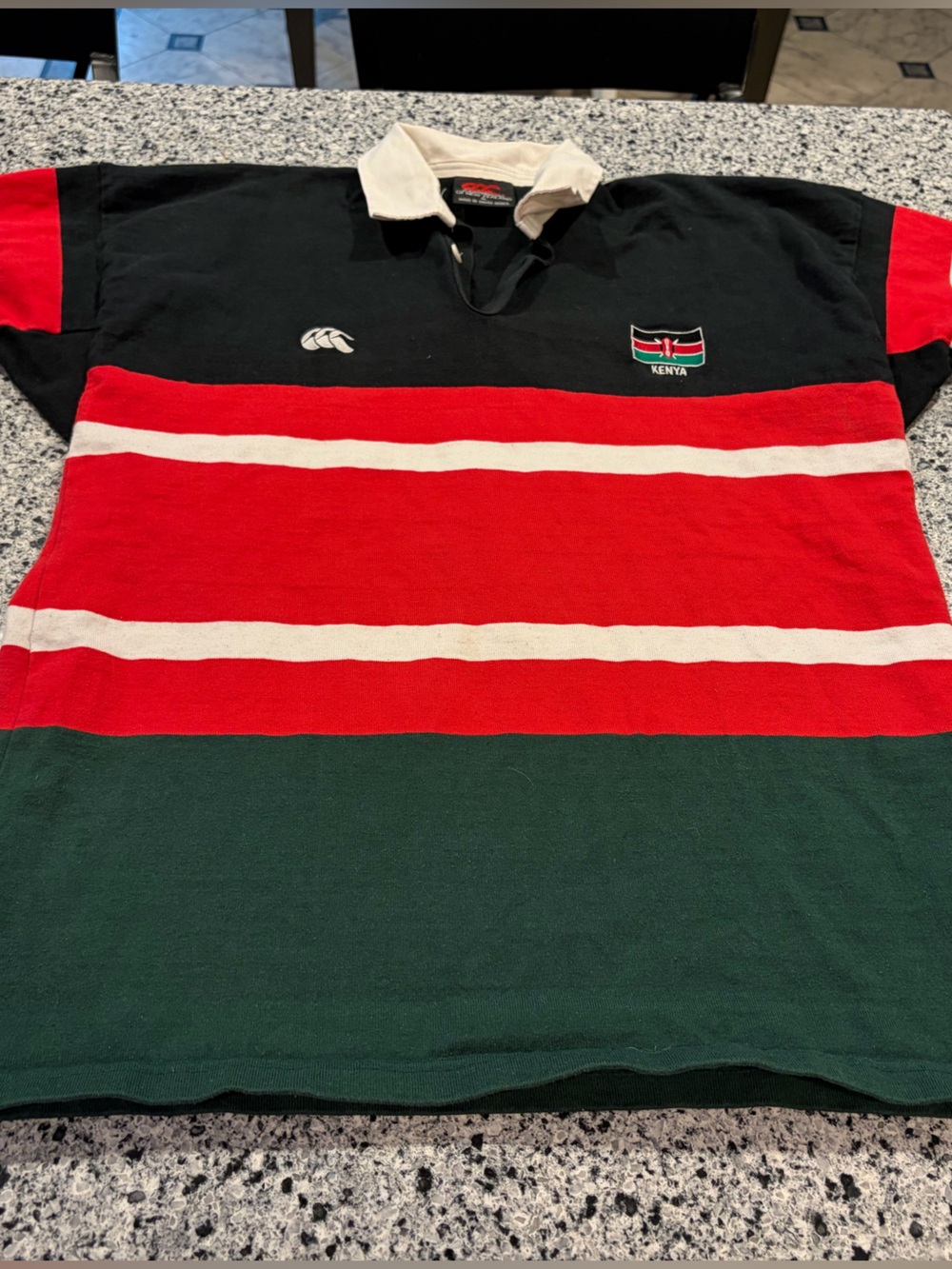 1998 Vintage Canterbury Kenya Stripe Rugby Shirt - Black/Red/Green - Men’s XL